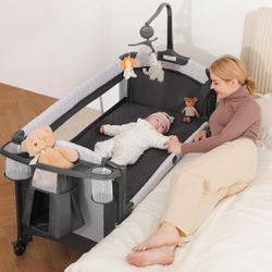 Baby Bassinet Bedside with Diaper Changer,Long Next to Bed Crib with Mattress,Sheet,Music and Blackout Cover,Playpen Travel Bed with Storage