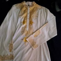 African Shirt-- White With Gold Trim --Size XL