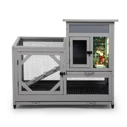 Wooden Rabbit Hutch 2-Tier Indoor Bunny Cage Cleaning Trays and Run Gray