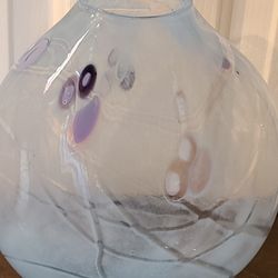 Timothy Hall Signed Art Glass, Flat Vase -  Clear White Speckled 2 Sided Dots Lines