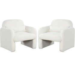 Giantex Modern Sherpa Accent Chairs (Set of 2) – White Upholstered Armchairs w/ Pillow