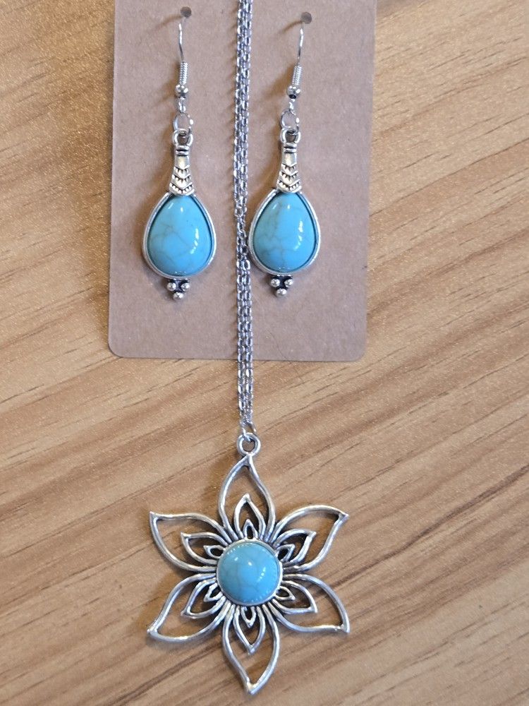 Turquoise Earrings Turquoise Flower Necklace Gift Set Bohemian Chic Handmade NEW