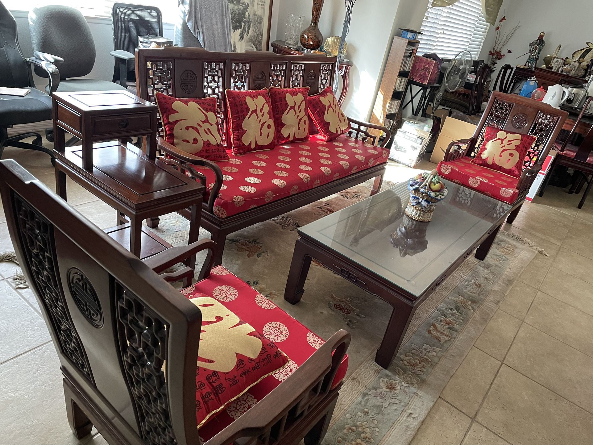 Chinese Antique Solid Rosewood Furniture Living Room Set 3+2+1 And One End Table