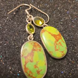 Genuine 925 Silver Green Turquoise Peridot Dangle Earrings 