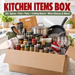 20+ Spices, Pots, Pans, Cutting Board, Wine Glasses & More