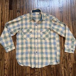 Vintage L.L. Bean Flannel Shirt Tan/Blue Plaid Sz Large 100% Virgin Wool