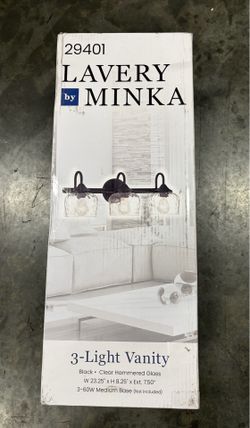 Minka Lavery 23.25 in. 3-Light Matte Black Bathroom Vanity Light with Clear Hammered Glass