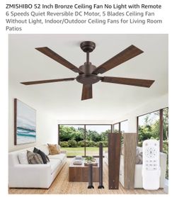 52 Inch Bronze Ceiling Fan No Light with Remote 6 Speeds