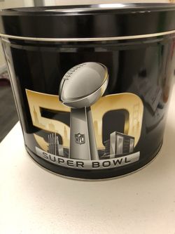 Super Bowl 50 Commemorative Popcorn Can! Peyton Manning & The Denver Broncos Win over Carolina! Peyton’s Final Game! Popcorn is all gone! The Logo an
