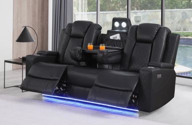 Leather 82" Wide Power Reclining Sofa W/ Wireless Charger & Tray Table