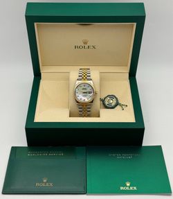 1980s Rolex Datejust 16013 36mm stainless steel jubilee bracelet natural diamond MOP dial gold fluted bezel watch box tag appraisal