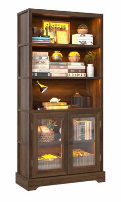 5-Tier Bookshelf, 65" Bookshelf with Multi-Color Ambient Lights (APP Remote Control), Tall Display Shelf with Cabinet Doors, Rustic Brown