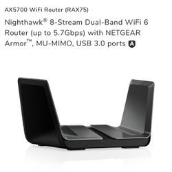 AX5700 WiFi Router (RAX75)  Nighthawk® 8-Stream Dual-Band WiFi 6 Router (up to 5.7Gbps) with NETGEAR Armor™, MU-MIMO, USB 3.0 ports