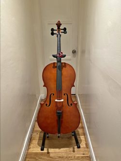 Full Size 4/4 Acoustic Cello Bundle - Wood Student Instrument with Bow and Premium Glasser NY Stand