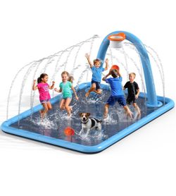 Splash Pad for Kids & Dogs, Large Sprinkler Pad Water Toys with Basketball Hoop, Thickened Non-Slip Splash Mat, Foldable Play Pool & Outdoor Retails $