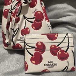 Coach Cherry Pattern Wristlet With Matching Card Holder 