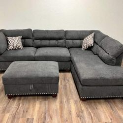 Brand New Grey Velvet Like Sectional Sofa Couch +Storage Ottoman 