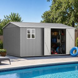 14x10 FT Outdoor Storage Shed, 780 cu.ft Large Metal Tool Shed with Built-in Foundation Frame, Double Doors & Air Vents, Galvanized Steel Sloped Roof 