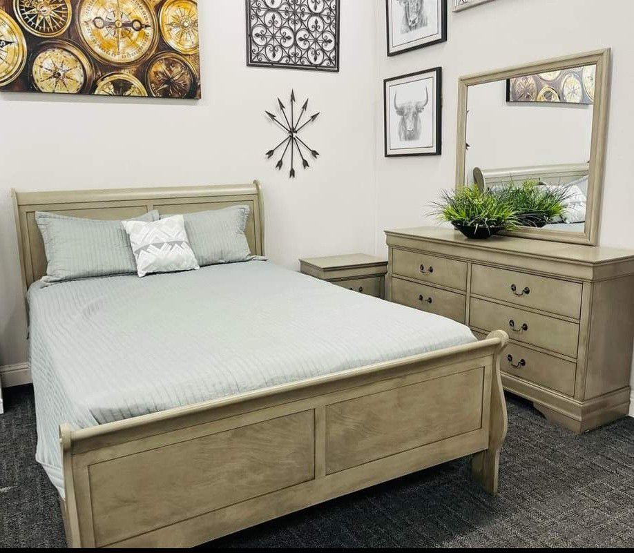 Gray Sleigh Bedroom Set/Dresser,Mirror,NightStand,bed//Queen,full,twin, King Size Available//Mattress Sold Separately
