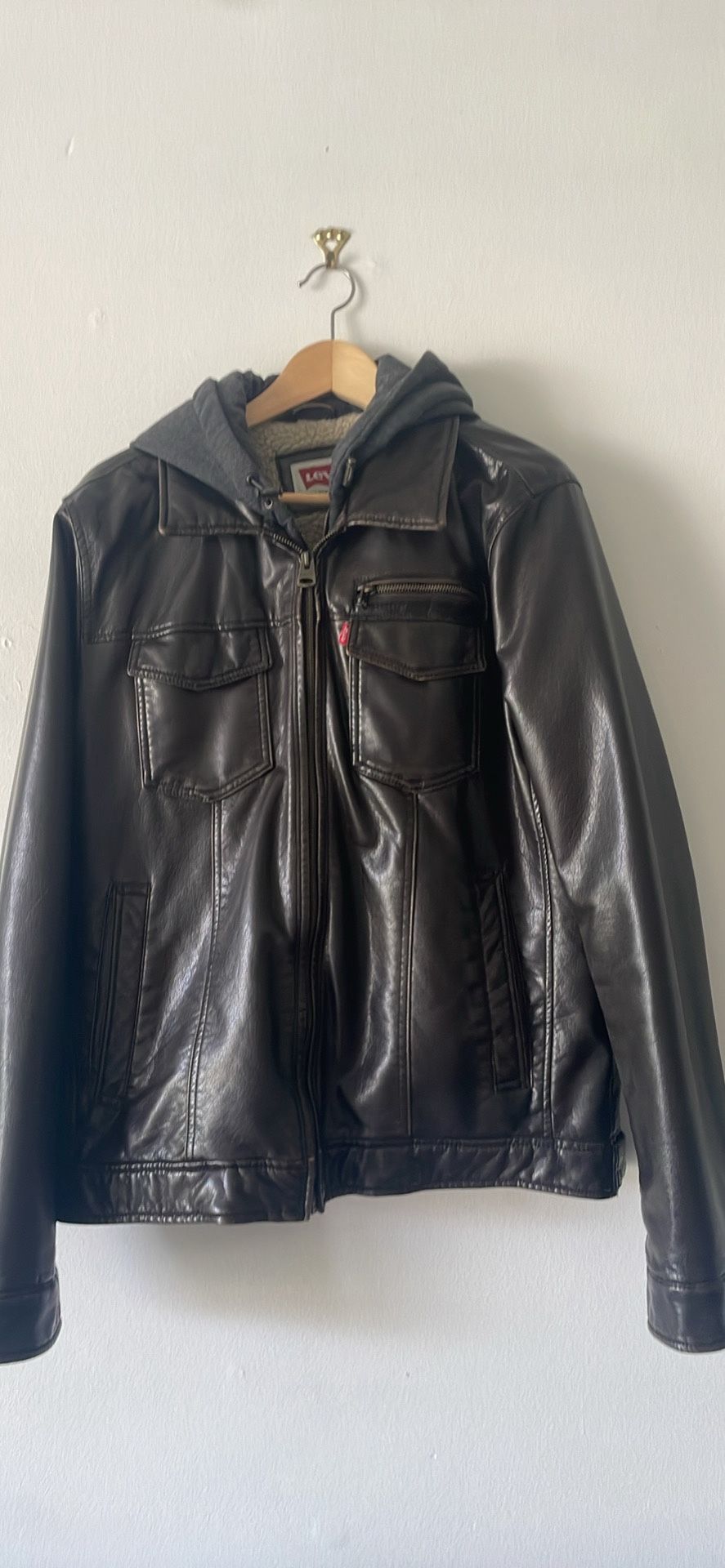 Levi’s Men’s Faux Leather Jacket with Hoodie – Size M but runs big