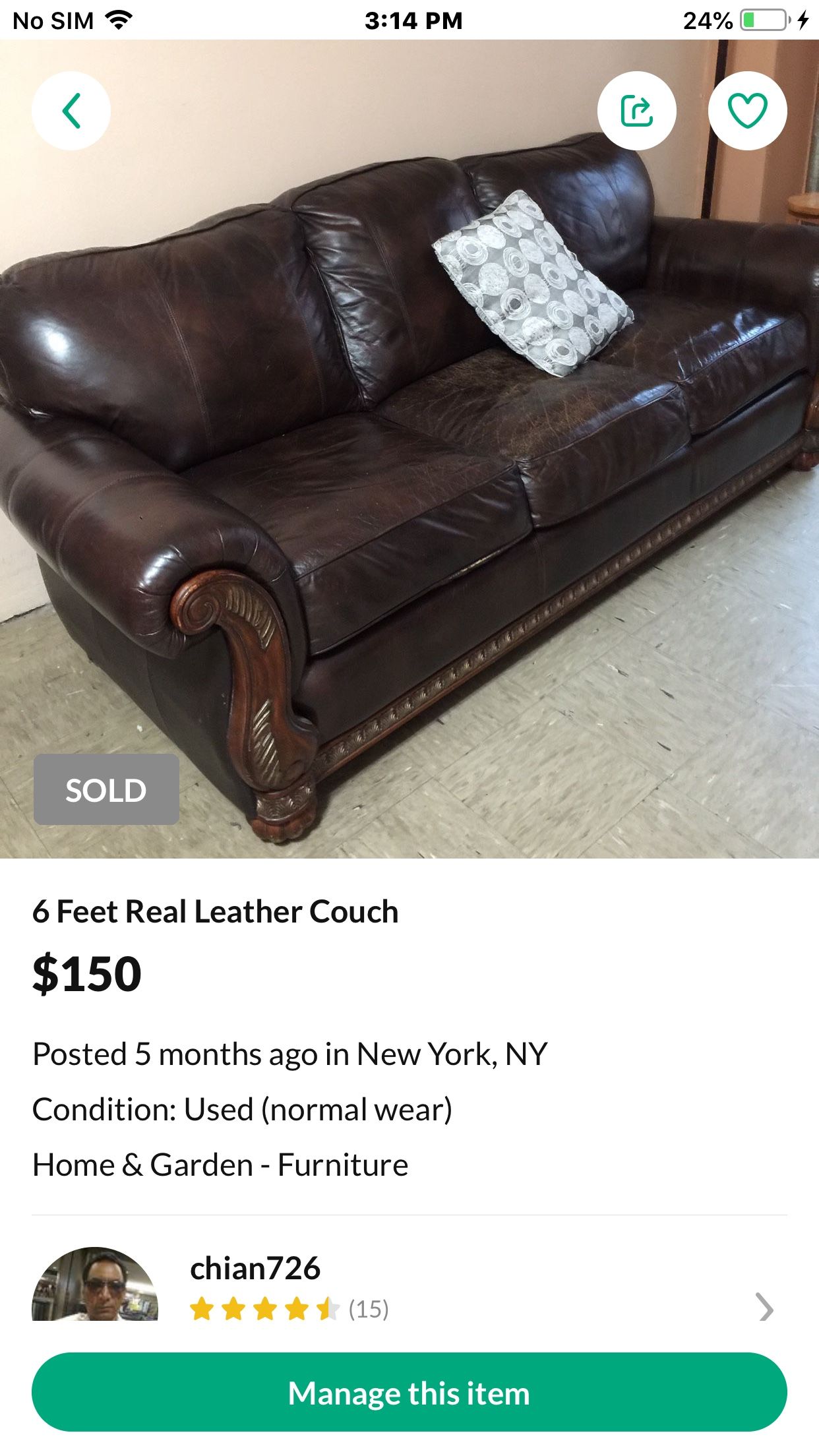 6 Feet Real Leather Couch