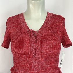 No Boundaries Red Lace Up Metallic Dress