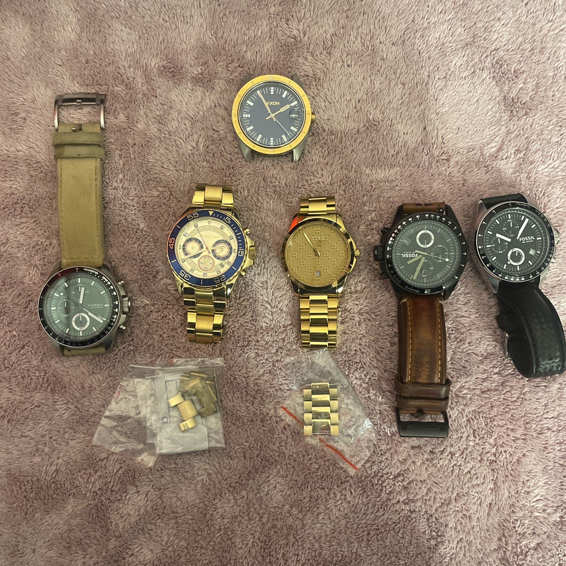 3 Fossil Decker Watches, 1 Nixon Date, 1 Michael Kors, 1 Gucci Date