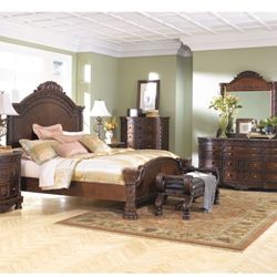 Bedroom Set Includes King Bedframe, Tall Dresser, And Long Dresser W/ Mirror.