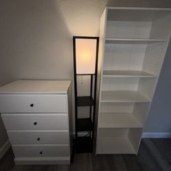 Mirror, dresser, shoe rack, lamp, & book shelf