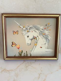 Vintage 1980s Framed Unicorn Oil Painting on Canvas by Cassandra