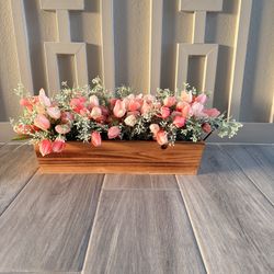 20inch Wooden Planter With Artificial Tulips 