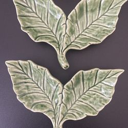2 Vintage Bordallo Portugal Green Leaf Dishes 6" Mid-Century Relish Tray