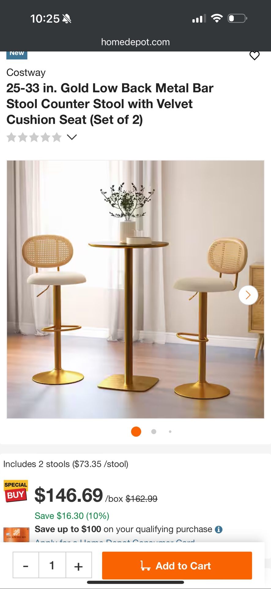 Gold Low Back Metal Bar Stool Counter Stool with Velvet Cushion Seat (Set of 2),New Products : American Fashion Style Bags On Sale
