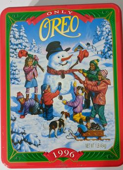 Vintage 1996 Oreo Christmas metal cookie tin Snow day box.