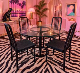 80s Vintage Postmodern Black Lacquered tubular glass dining table and chairs