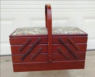 Vintage Wooden Cantilever Sewing Box with Padded Top caddy organizer storage sew crochet