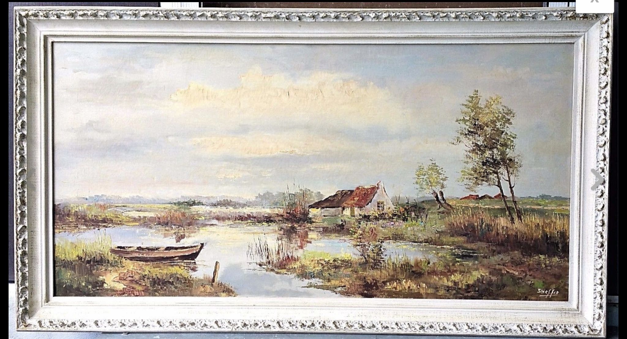 48" Vtg Mid Century European Oil Painting on Canvas Signed Scheffer Landscape