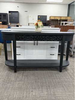 59.2" Console Table with 2 Black Carved Drawers, Mid Century Entryway Table with Storage Shelf, 2-Tier Narrow Wood Accent Sofa Table Behind The Couch 