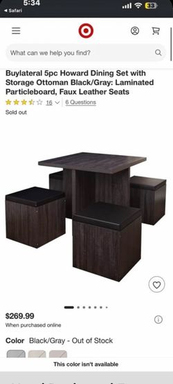 Buylateral 5pc Howard Dining Set with Storage Ottoman Black/Gray: Laminated Particleboard, Faux Leather Seats