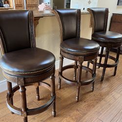 Set of 3 Brown Leather Bar Stools