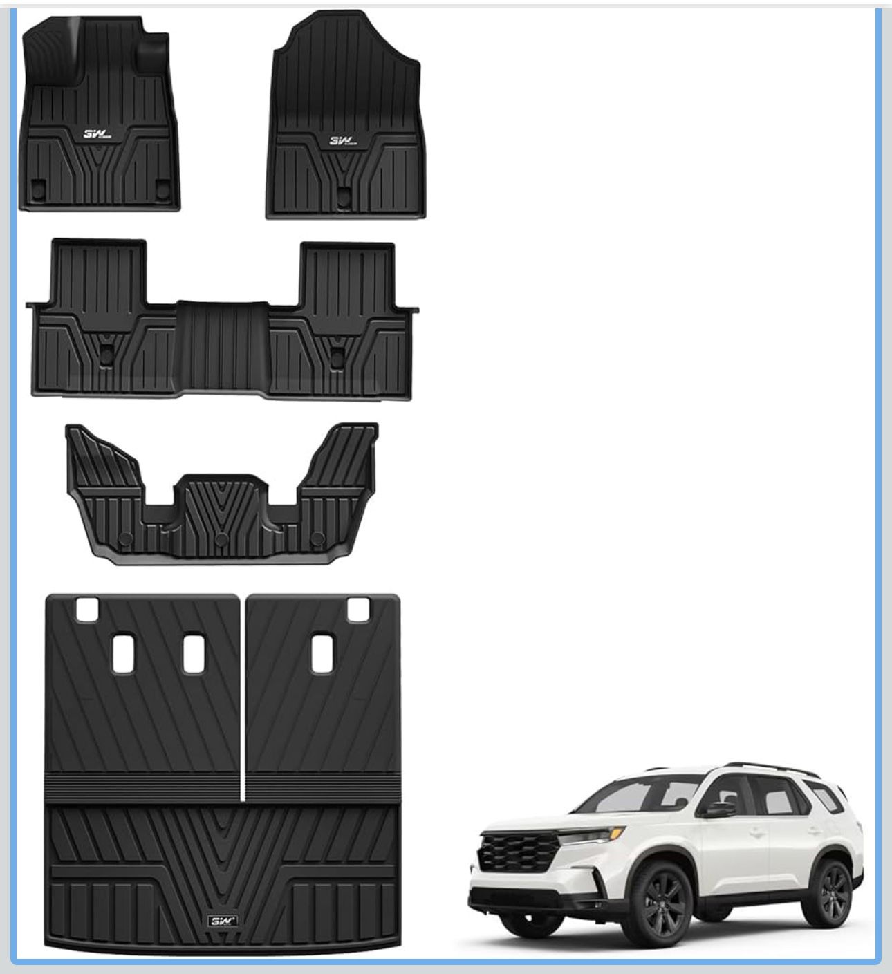 3W Floor Mats and Cargo Liner Fit for Honda Pilot 2023 2024 2025, Custom Fit All Weather Honda Pilot Accessories Odorless Anti-Slip TPE Full Set Mats