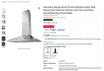 Kitchen Stainless Steel Range Hood - Ducted/Ductless