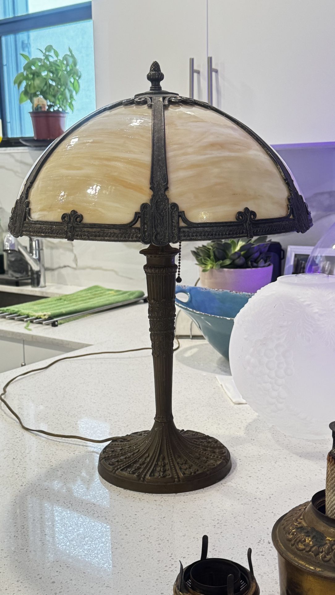 Antique American Art Nouveau Slag Glass Table Lamp by Bradley & Hubbard, circa 1915