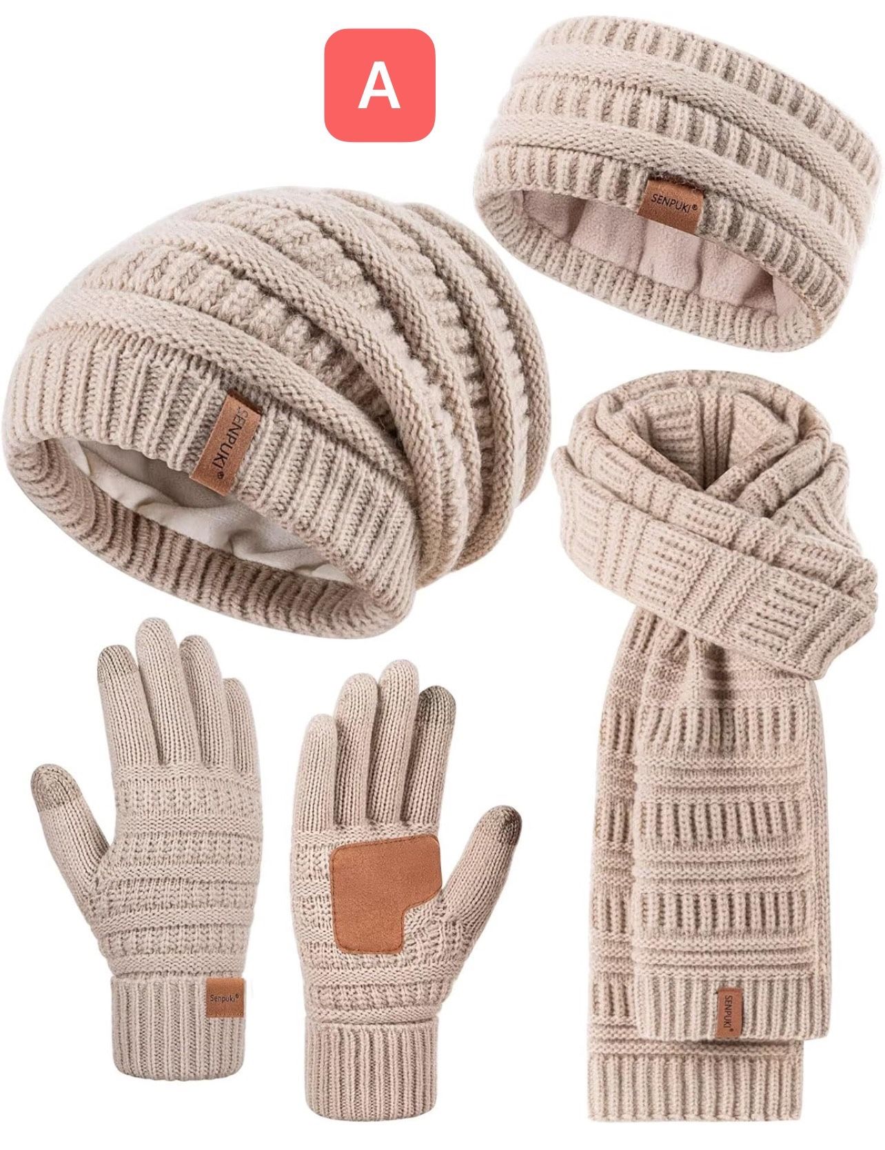 pls choose A, B or C style:Womens Winter Beanie Hat Scarf Gloves Headband Set, Slouchy Beanie Ear Warmer Knit Scarf Touchscreen Gloves Warm 4 Gift Set
