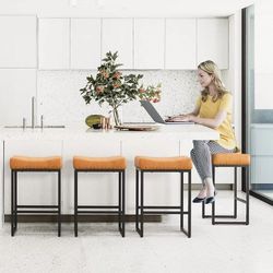 24″ Saddle Counter Height Bar Stools Set of 3, Modern Faux Leather, for Kitchen