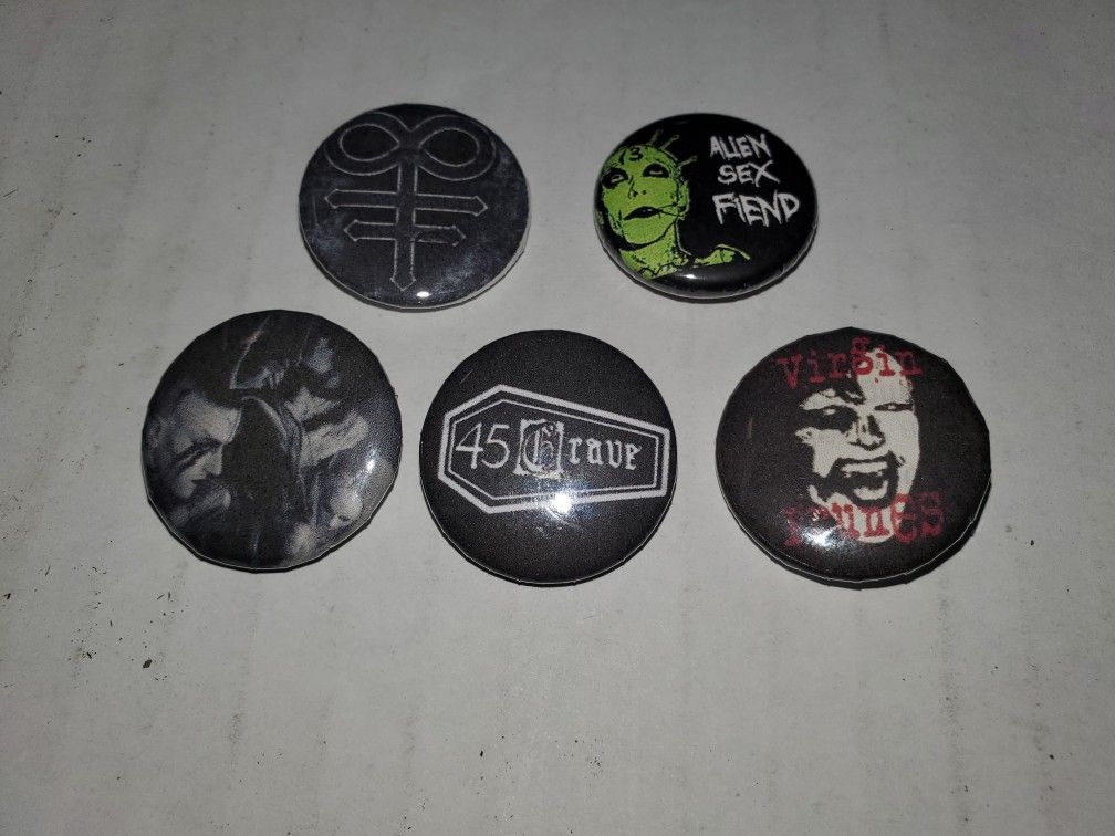 5 1" Pin, Button Lot Goth, Gothic, Deathrock, Cinema Strange, Virgin Prunes, Alien Sex Fiend, 45 Grave, Leviathan