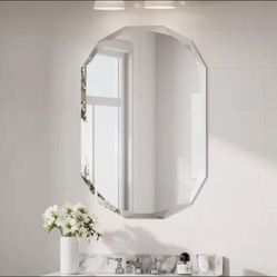 KeonJinn 24" W x 36"  H Oval Beveled Frameless Wall Mount Bathroom Vanity Mirror
