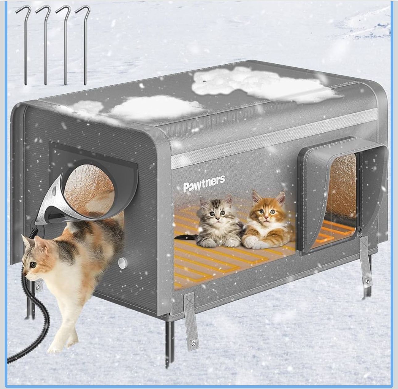 New-Pawtners Heated Outdoor Cat House for Outside Cats, 26'' XL Insulated Weatherproof Cat Shelter with Heated Pad, Elevated Feet & Escape Door, Warm