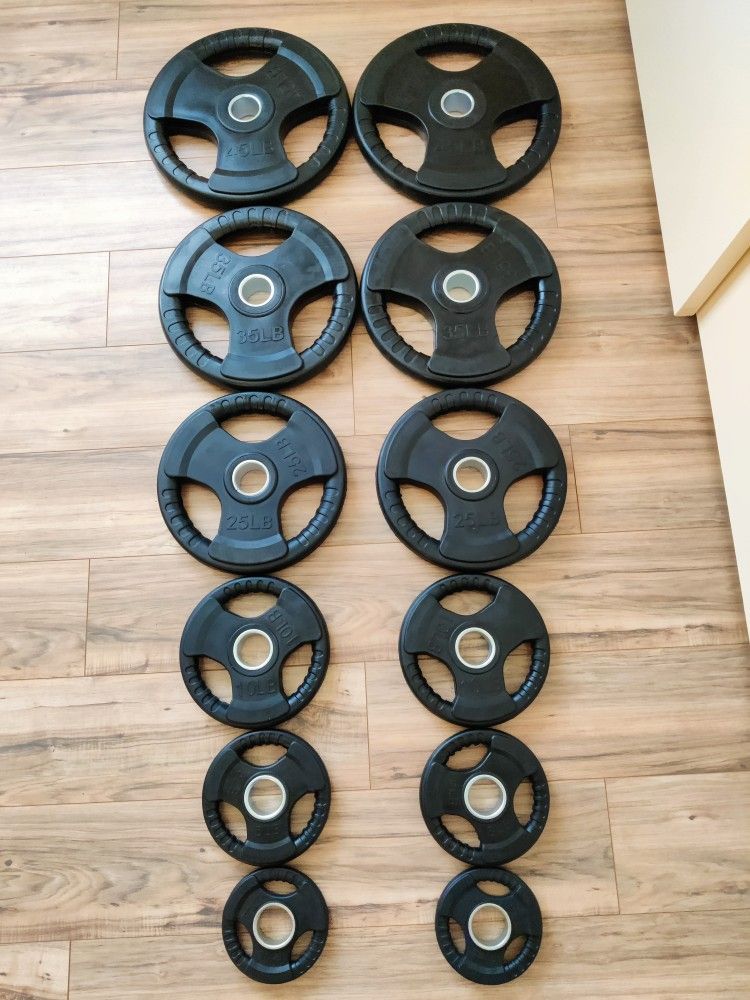 Brand New Olympic Rubber Coated Tri Grip Weight Plates Set 245lbs FIRM PRICE 