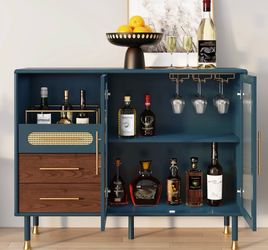 Teal Blue Bar Cabinet with Wine Glass Rack